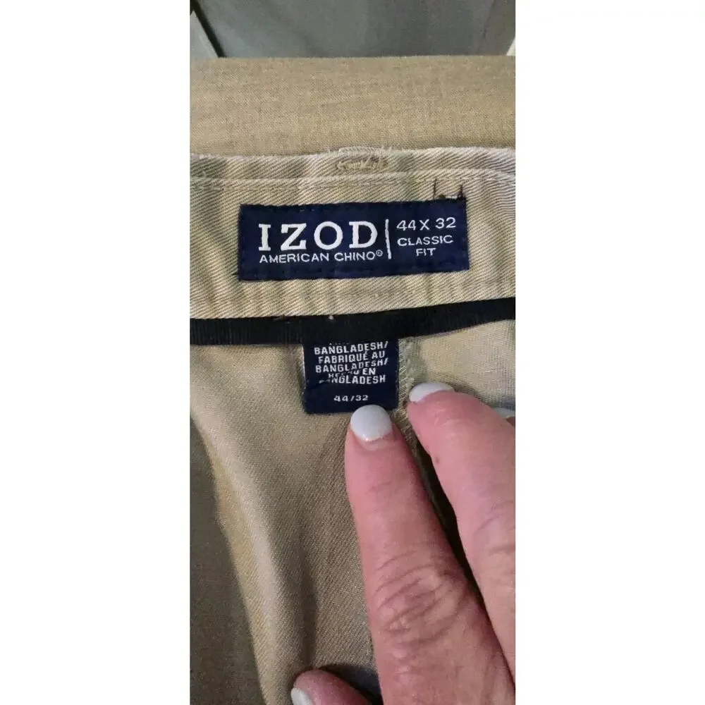 Izod American Chino Khaki Mens Size 44x32 Classic Fit Stretch Waist Dress Pants